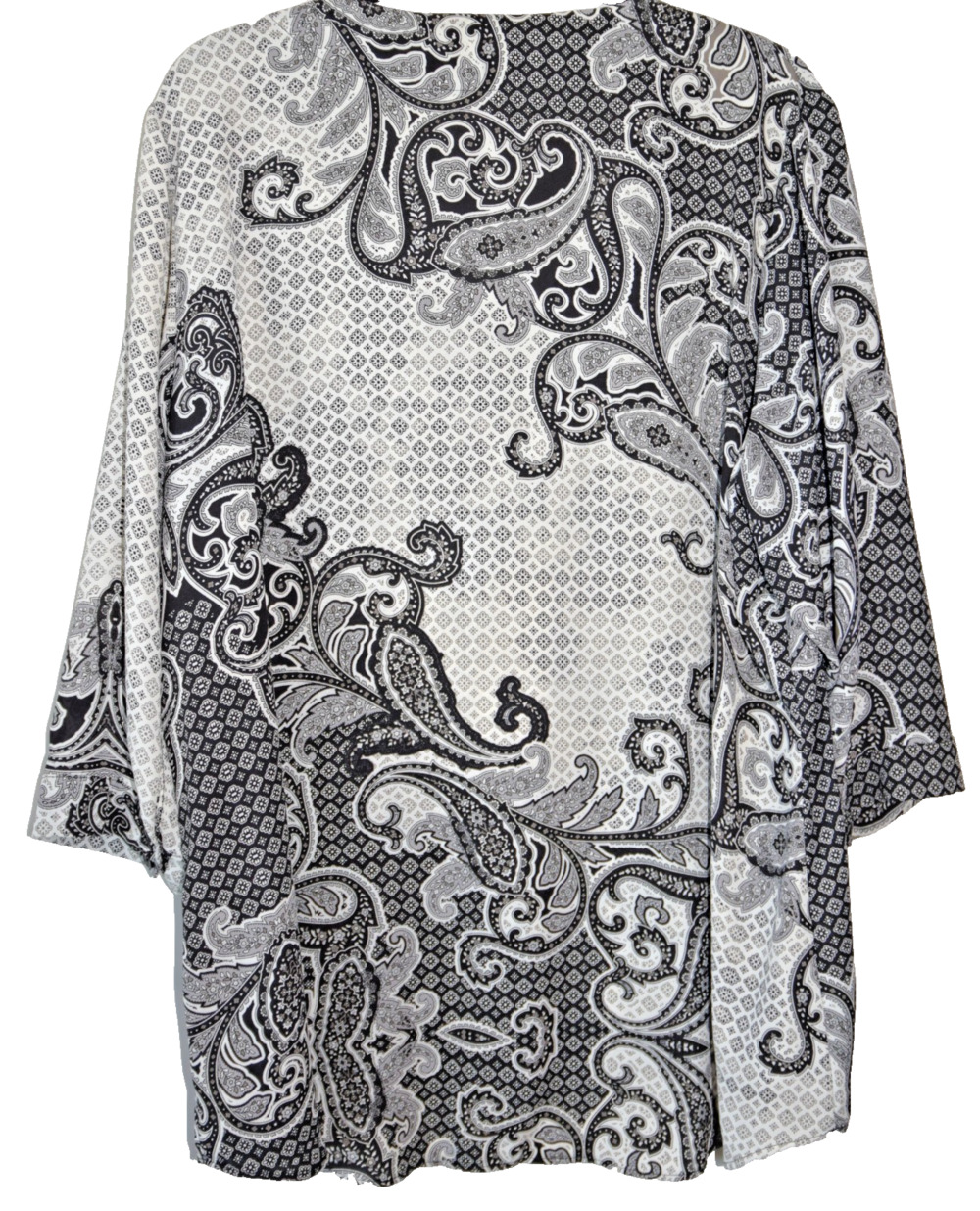 Rose + Olive Silky V Neck Blouse Tunic Black Gray Flourish 3/4 Sleeve Boho 2X - Picture 3 of 3